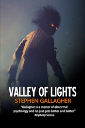 Valley of Lights paperback cover, a stalking creature with fiery eyes looking back over its shoulder at us