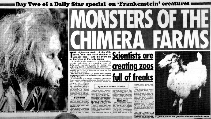 Daily Star double-page spread to coincide with the broadcast of Chimera, headlined Monsters of the Chimera Farms