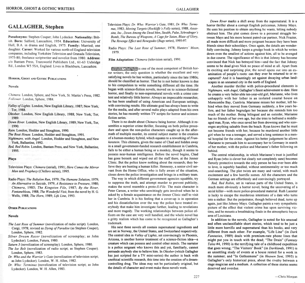 Stephen Gallagher's entry in the St James Guide to Horror, Ghost and Gothic Writers, by Chris Morgan